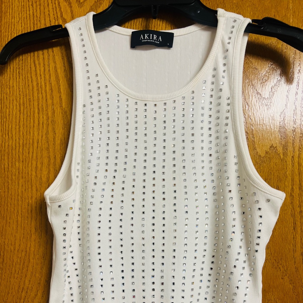 AKIRA Cream Half Tank Top with Rhinestone Accents
